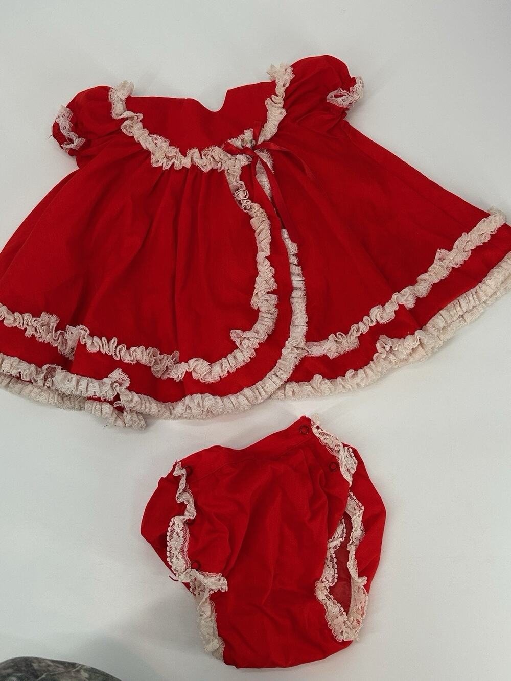 Vintage Bryan Baby Girl Dress Red W White Lace Plastic Diaper Cover Sz 24 Month